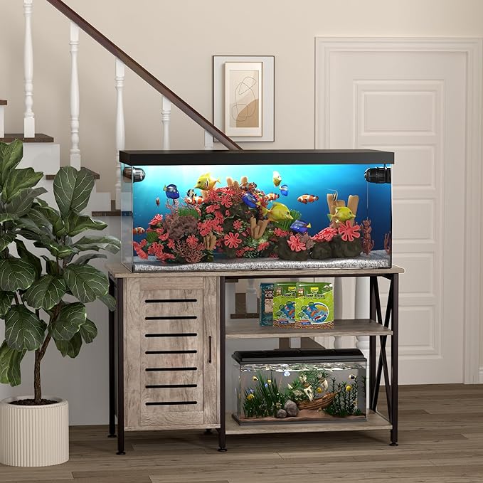 55-75 Gallon Fish Tank Stand, Aquarium Stand with Power Outlets and Cabinet for Fish Tank Accessories Storage, Heavy Duty Metal Frame, 52" L*19.68" W Tabletop, 1200LBS Capacity, Grey PG05YGZ