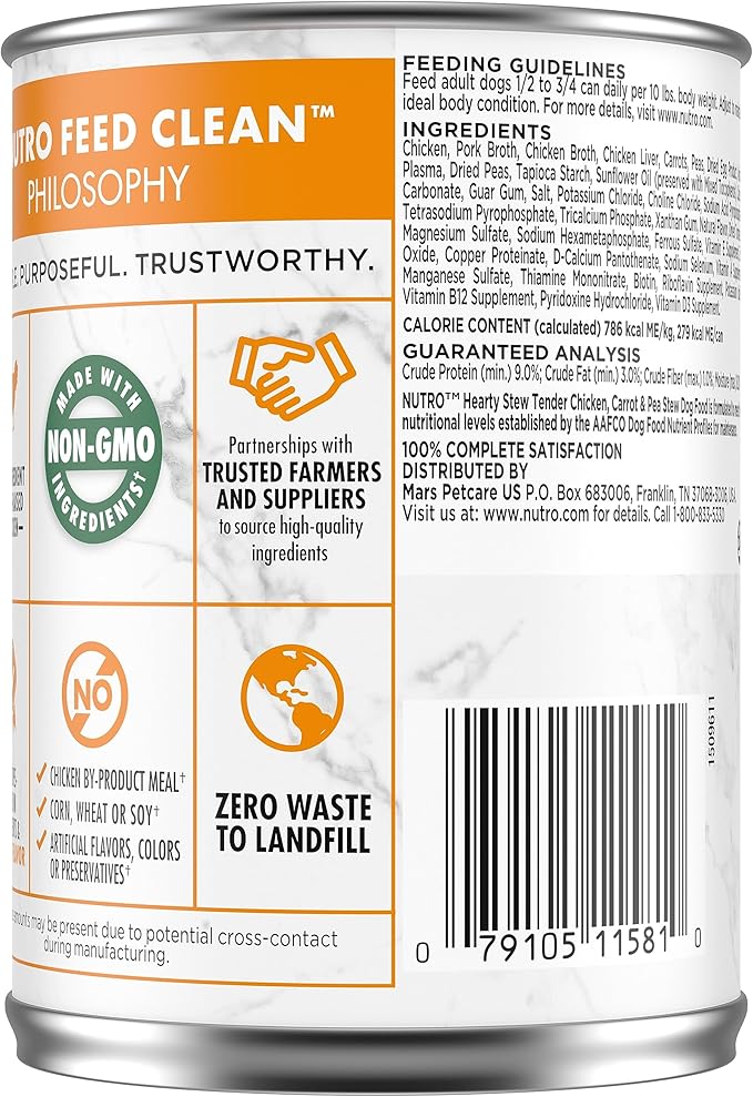 NUTRO HEARTY STEW Adult Natural Grain Free Wet Dog Food Cuts in Gravy Tender Chicken, Carrot & Pea Stew, 12.5 oz. Cans (Pack of 12)