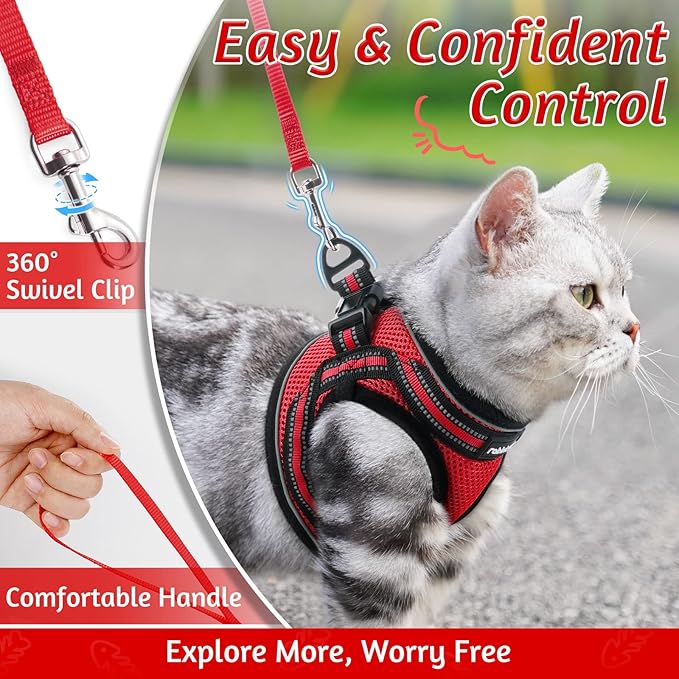 rabbitgoo Cat Harness and Leash Set for Walking Escape Proof, Adjustable Soft Kittens Vest with Reflective Strip for Cats, Comfortable Outdoor Vest, Red, S