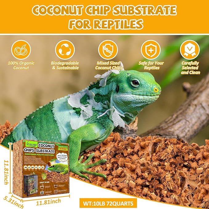 Legigo 10LBS Coconut Chip Substrate for Reptiles, 72QT Natural Coco Husk Chip Reptiles Bedding, Compressed Coconut Chip Substrate for Snake, Tortoise, Ball Python, Gecko, Lizard Terrarium Tanks