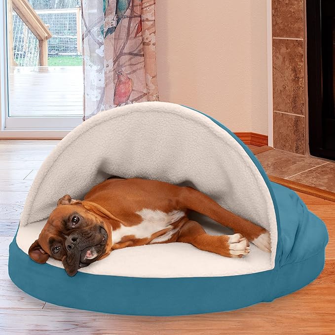 Furhaven 35" Round Memory Foam Dog Bed for Large/Medium Dogs w/ Removable Washable Cover, For Dogs Up to 50 lbs - Sherpa & Suede Snuggery - Blue, 35-inch