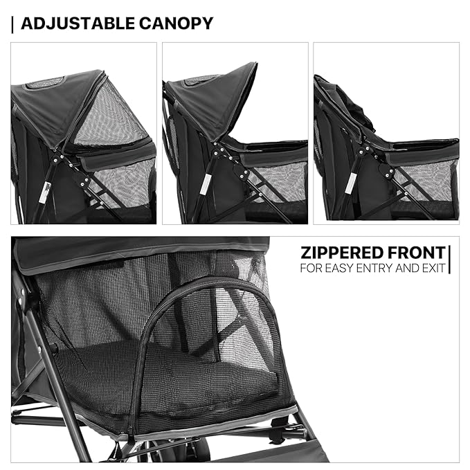 MoNiBloom 4 Wheels Pet Stroller, Easy-Fold Puppy Cage Jogger Stroller with Sun Cover, Pad and Rear Storage Bag, Breathable and Visible Mesh for Small/Medium Pets up to 22 lbs, Balck