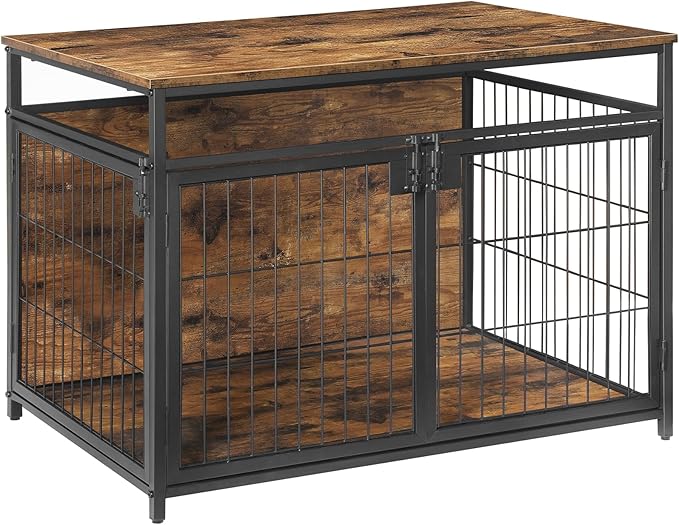 HOOBRO Dog Crate Furniture, 38.6 Inch Wooden Dog Crate Table with 3 Doors, Indoor Dog Kennel Furniture for Medium/Large Dog, Side End Table, Chew-Resistant Dog House, Rustic Brown and Black BF93GW03