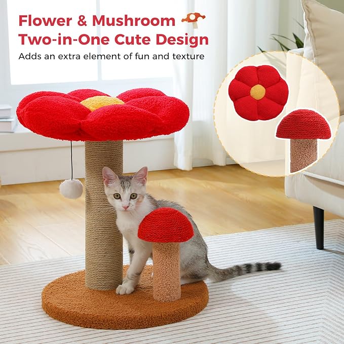 PETEPELA Flower Cat Scratching Post, Mushroom Cat Scratcher Cute with Thick Scratching Post & Removable Flower Large Cat Bed [Dia=15.7''], Tall Cat Post for Kittens and Indoor Small Cats