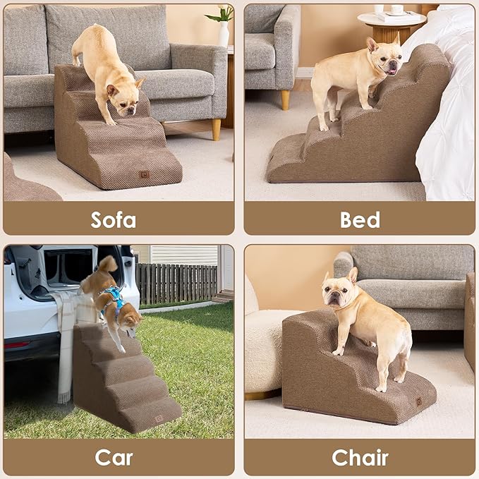 EHEYCIGA Curved Dog Stairs for High Beds 22.6" H, 5-Step Dog Steps for Small Dogs and Cats, Pet Stairs for High Bed Climbing, Non-Slip Balanced Pet Step Indoor, Camel