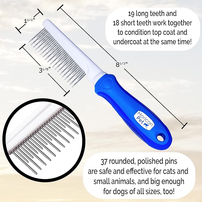 Detangling Dog Comb with Long & Short Stainless Steel Metal Teeth - Dogs, Cats & Small Animals for Removing Matted Fur, Knots & Tangles