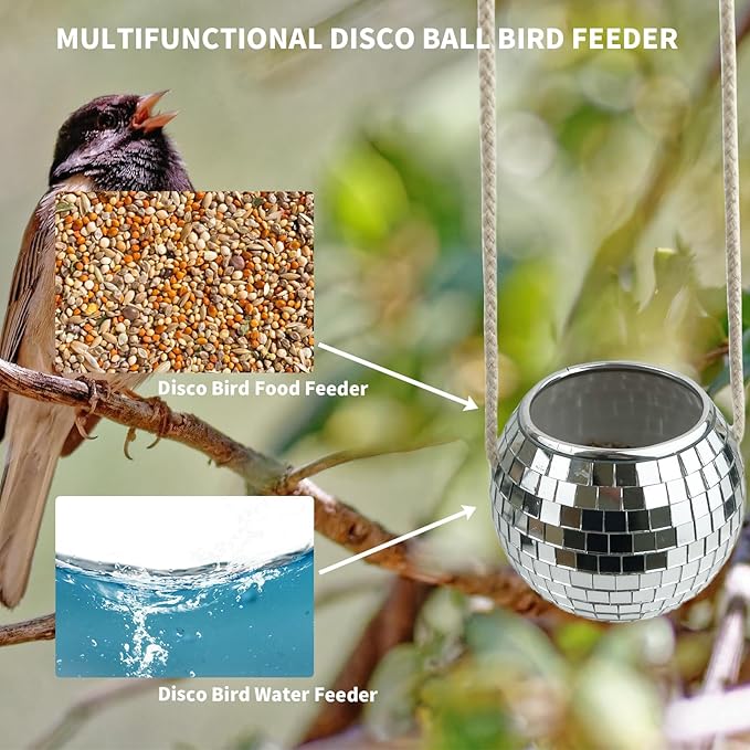 Bird Cage Disco Feeder - Creative Hanging Bird Disco Ball Feeder Seed Food Cup for Cage - Mirror Ball Bird Food Water Bowl for Cage - Wide Application Feeder for Wild Bird, Parrot