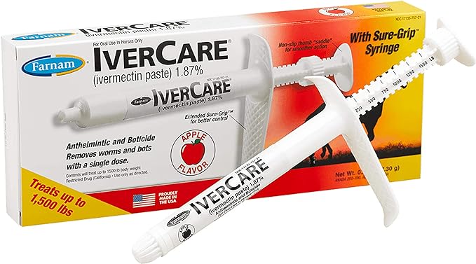 Farnam IverCare (ivermectin paste) 1.87%, Anthelmintic and Boticide, Treats Horses Up to 1500 lbs, Easy-To-Use Sure-Grip Syringe, Red Apple Flavor