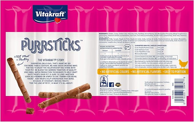 Vitakraft PurrSticks Meaty Cat Sticks - Chicken - Segmented and Breakable Meatstick - Deliciously Tender - Multi Pack of 4