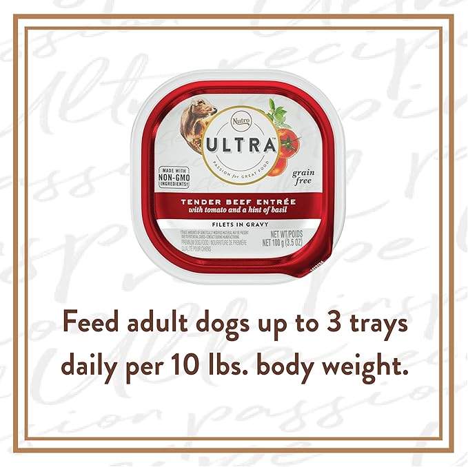 NUTRO ULTRA Grain Free Adult Wet Dog Food Filets in Gravy Tender Beef Entrée With Tomato and a Hint of Basil, 3.5 oz. Trays, Pack of 24