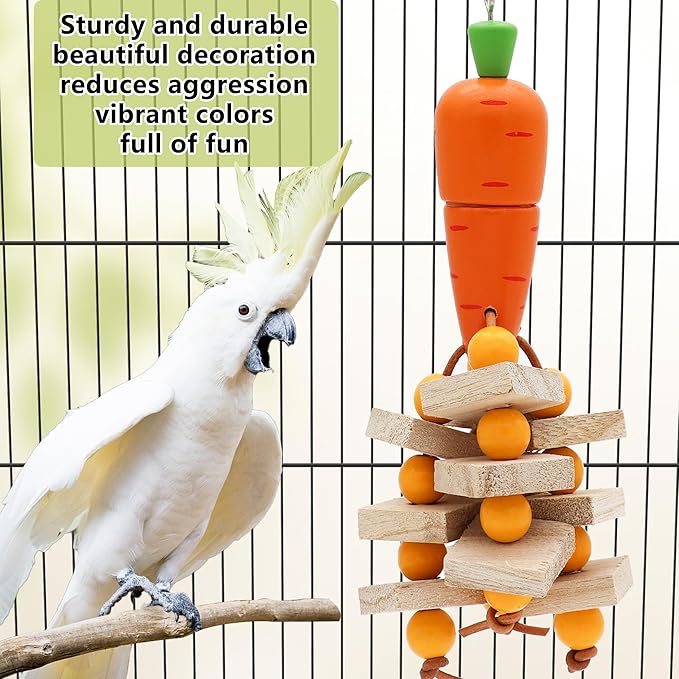 Bird Parrot Toys with Wood Blocks Beads and Colorful Ball, Hanging Parrots Cage Chewing Cascade Bite Toy for Small Medium Birds (Carrot Style-1p)