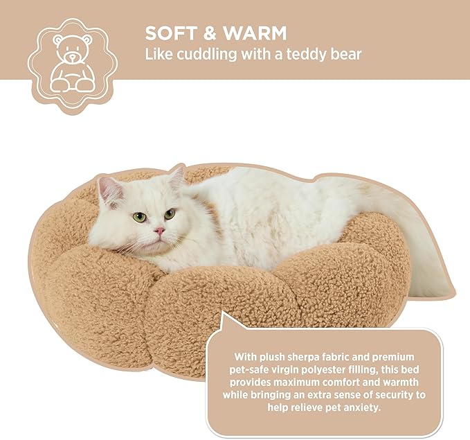 Lesure Calming Cat Beds for Indoor Cats - Cute Flower Pet Beds in Teddy Sherpa Plush, Donut Round Fluffy Puppy Bed, Non-Slip Extra Small Dog Bed Fits up to 15 lbs, Machine Washable, Camel 20"