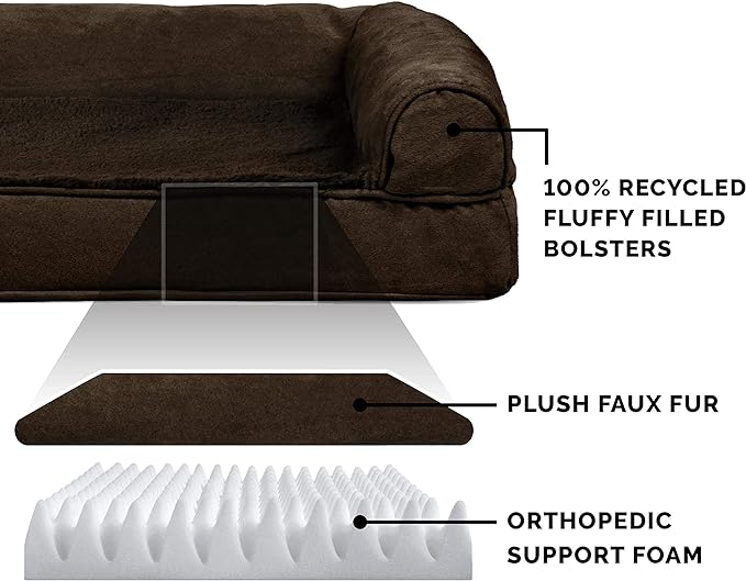 Furhaven Orthopedic Dog Bed for Large Dogs w/ Removable Bolsters & Washable Cover, For Dogs Up to 95 lbs - Plush & Suede Sofa - Espresso, Jumbo/XL