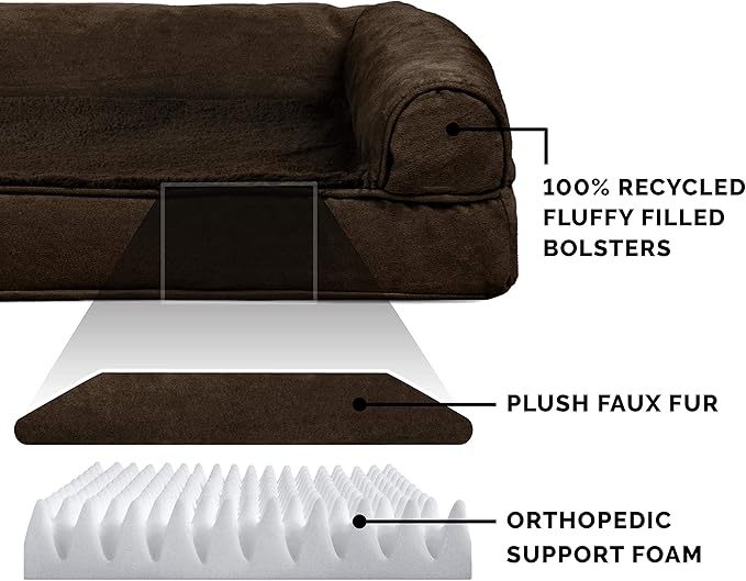 Furhaven Orthopedic Dog Bed for Large/Medium Dogs w/ Removable Bolsters & Washable Cover, For Dogs Up to 55 lbs - Plush & Suede Sofa - Espresso, Large