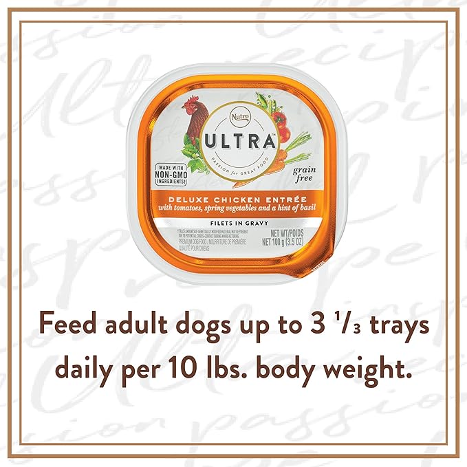 NUTRO ULTRA Grain Free Adult Soft Wet Dog Food Filets in Gravy Deluxe Chicken Entrée With Tomatoes, Spring Vegetables, and a Hint of Basil, 3.5 oz. Trays, Pack of 24