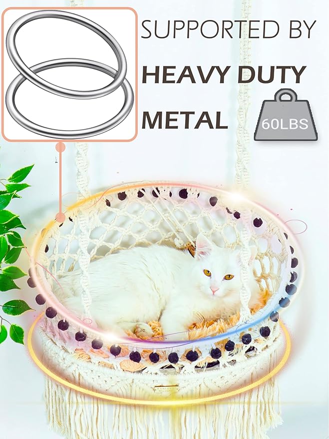 Cat Macrame Hammock for Larger Cats,Hanging Cat Bed Chair Boho Cat Swing Bed with Catnip Cushion and Scratching Mat