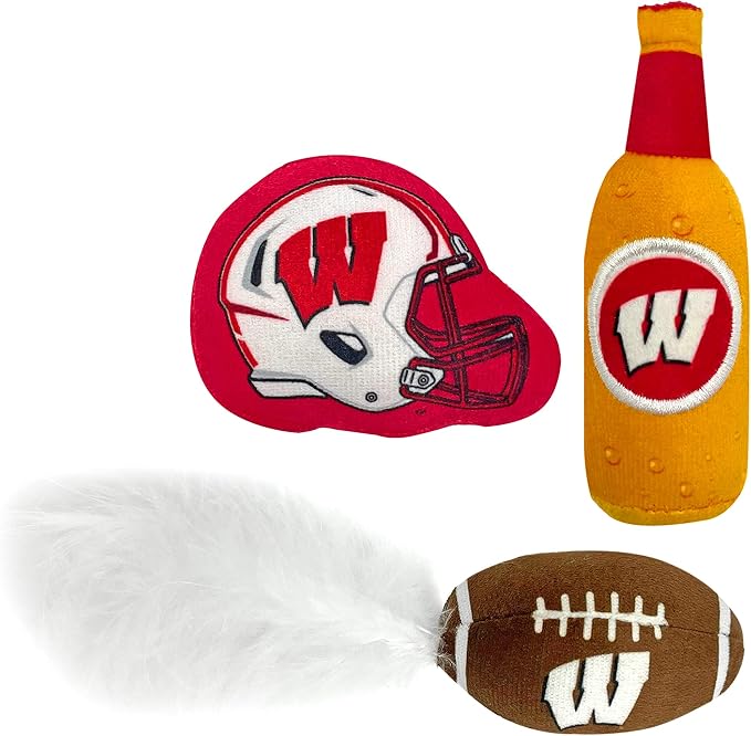 BEST PLUSH CAT TOY - NCAA WISCONSIN BADGERS Complete Set of 3 piece Cat Toys filled with Fresh Catnip. Includes: 1 Helmet Cat Toy, 1 Football Cat Toy with Feathers & 1 Beer Bottle. Beautiful Team LOGO