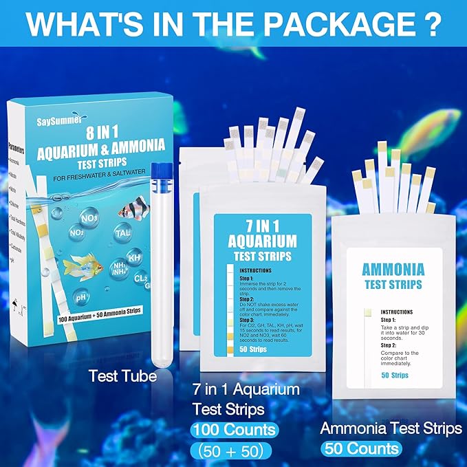 8 in 1 Ammonia Test Kit for Aquarium, Aquarium Test Strips, Fish Tank Test Strips, Aquarium Ammonia Test Strips for Aquarium 150 Counts for Freshwater Saltwater, Testing Ammonia and 7 More