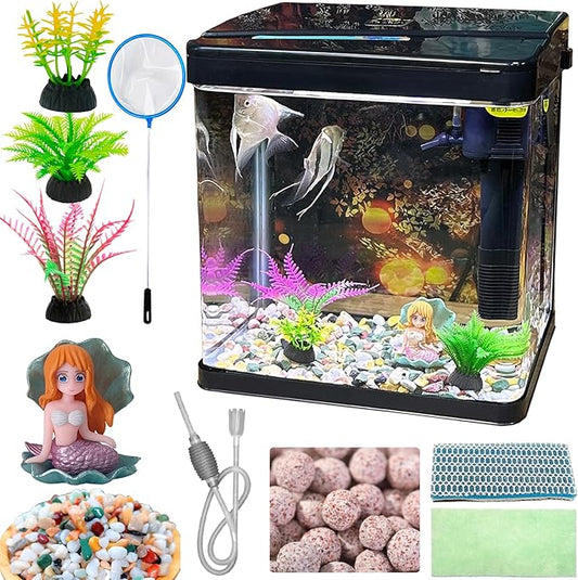 Glass Fish Tank 4.35 Gallon Aquarium Starter Kit Small Betta Fish Tank Desktop Mini Fish Bowl for Shrimp Small Fish with Pump LED Light Simulated Water Plants and Filtering Materials