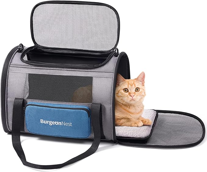 BurgeonNest Cat Carrier for Large Cats 20 lbs,Medium Cats Under 25 lbs,2 Cats and Small Dogs with Unique Side Bag,Top Load Pet Carrier Soft-Sided Escape Proof with 4 Ventilated Windows