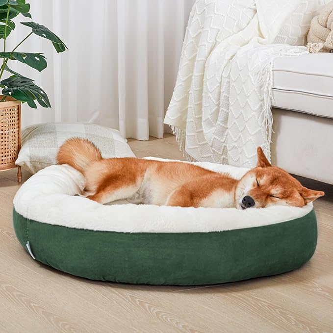 Love's cabin Round Donut Cat and Dog Cushion Bed, 30in Pet Bed for Medium or Large Dogs, Anti-Slip & Water-Resistant Bottom, Soft Durable Fabric Pet beds, Washable Calming Cat & Dog Bed Green