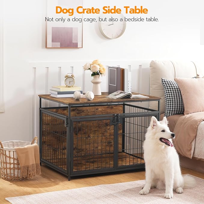 HOOBRO Dog Crate Furniture, 38.6 Inch Wooden Dog Crate Table with 3 Doors, Indoor Dog Kennel Furniture for Medium/Large Dog, Side End Table, Chew-Resistant Dog House, Rustic Brown and Black BF93GW03