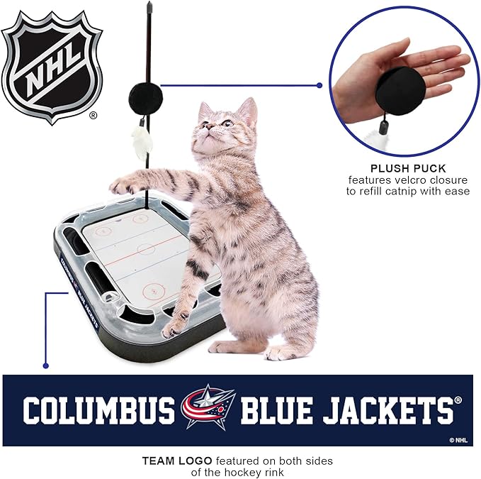 Pets FIrst Cat Scratching Toy NHL Columbus Blue Jackets Hockey Field Cat Scratcher Tiy with Interactive Cat Ball Bell in Tracks. 5-in-1 CAT Toy