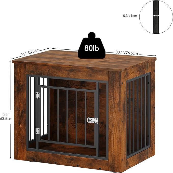 YITAHOME Dog Crate Furniture for Medium Dogs, Side End Table, Modern Dogs Kennel Indoor up to 35 lb, 2-in-1 Iron-Wood Fusion Dog Cage with Waterproof Top, Safety Corners,Steel Lock,30"L, Rustic Brown