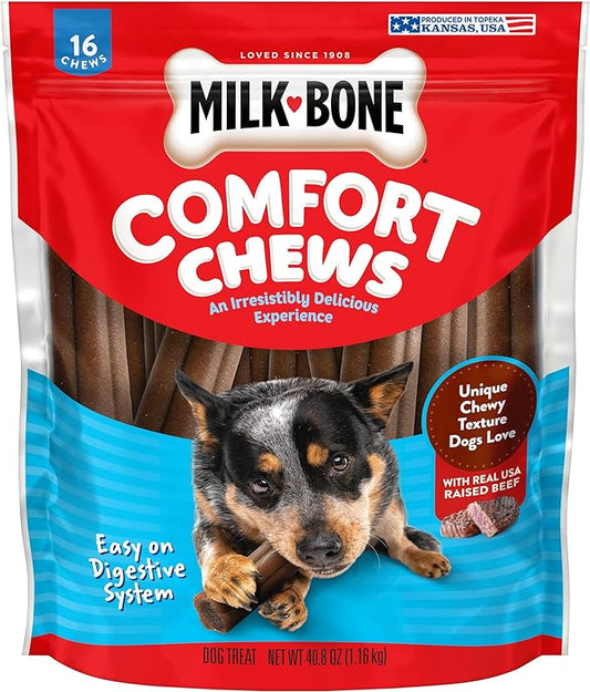 Milk-Bone Comfort Chews, Rawhide Free Dog Treats with Unique Chewy Texture and Real Beef, 16 Chews, Easy on Digestive System