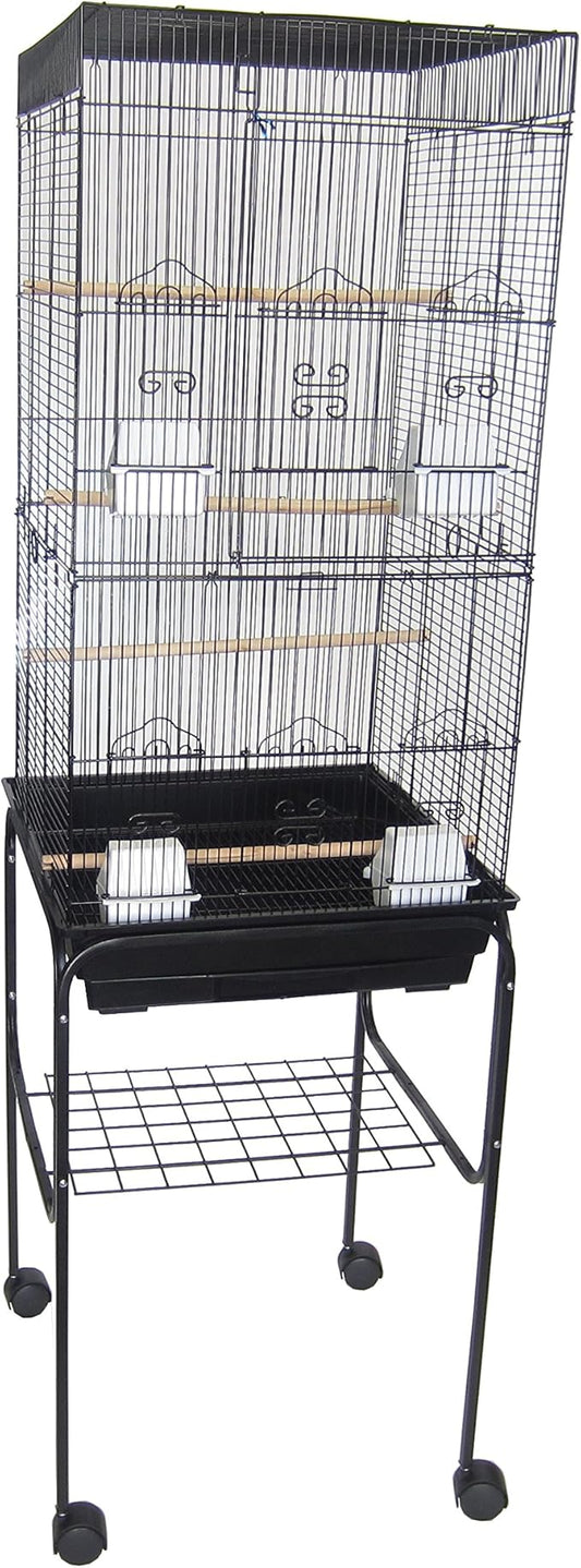 YML 6824 3/8" Bar Spacing Tall Flat Top Bird Cage with Stand, 18" x 14"/Small, Black