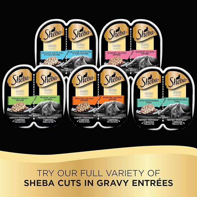 SHEBA PERFECT PORTIONS Cuts in Gravy Adult Wet Cat Food Trays (24 Count, 48 Servings), Gourmet Salmon & Sustainable Tuna, Easy Peel Twin-Pack Trays