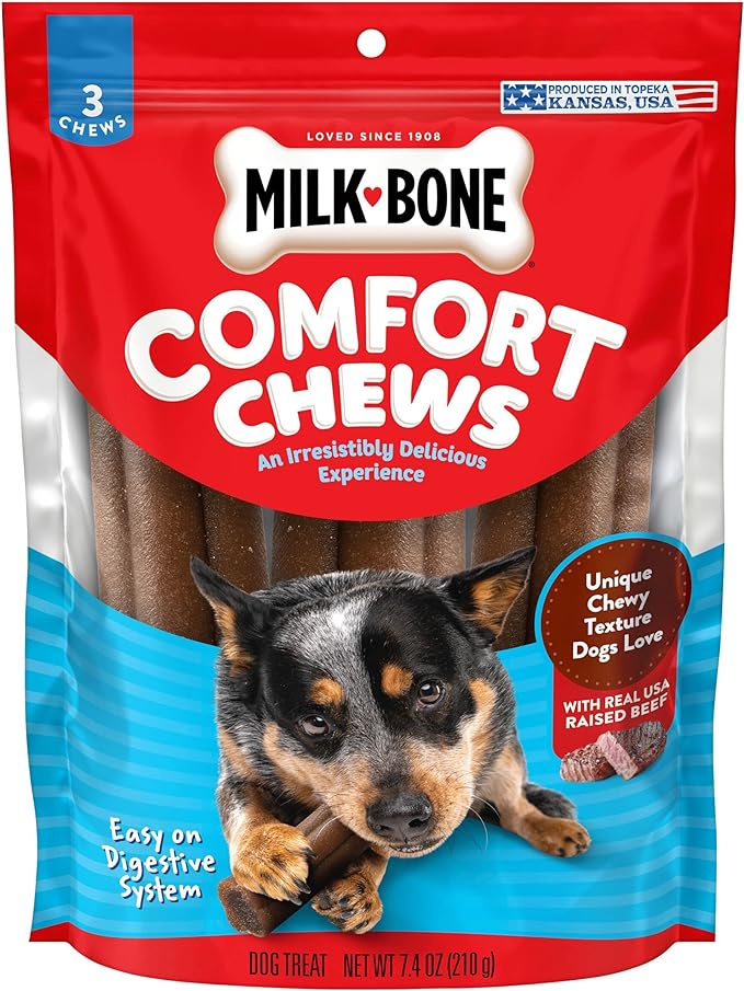 Milk-Bone Comfort Chews, Rawhide Free Dog Treats with Unique Chewy Texture and Real Beef, 3 Chews (Pack of 5), Easy on Digestive System