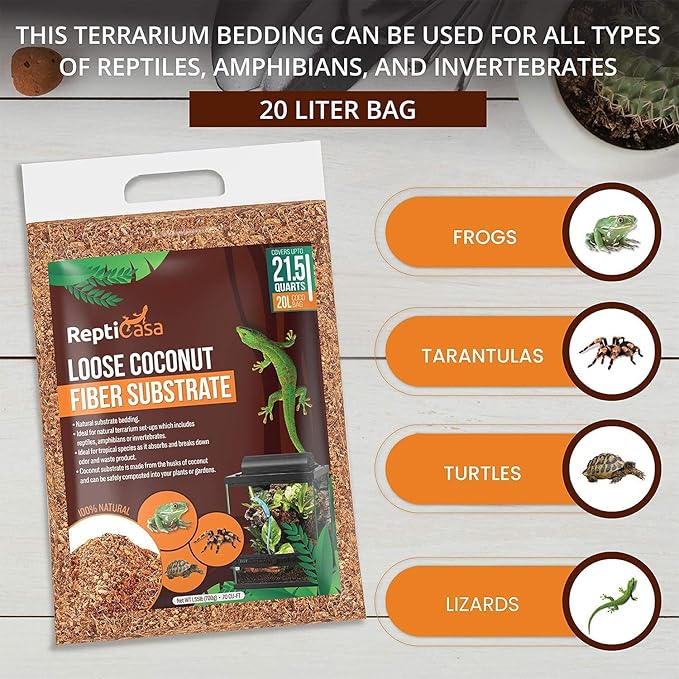 Loose Coconut Substrate Husk Fibers, 16 Quarts Bag, Clean Natural Terrarium Bedding for Reptiles, Amphibians, or Invertebrates, Waste, Liquid and Odor Absorbent