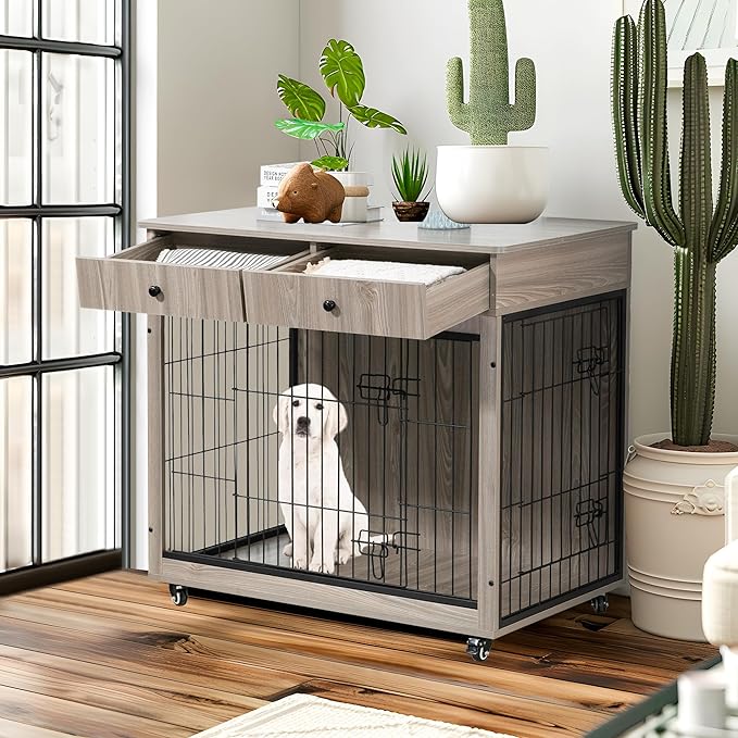 NicBex Dog Crate Furniture, 31.7" L Dog Crates for Medium Dogs, Medium Dog Crate with Drawers, Wooden Dog Kennel Indoor Pet Crate for Small Medium Dog, Grey