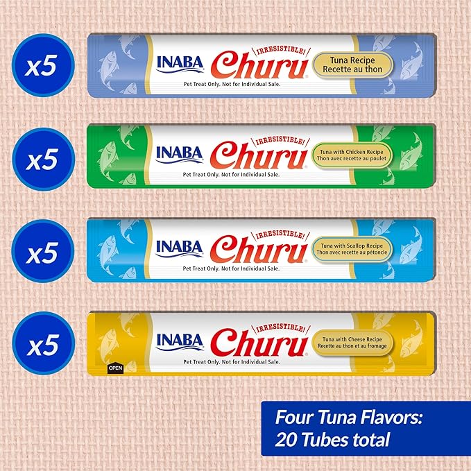 INABA Churu Cat Treats, Lickable, Squeezable Creamy Purée Cat Treat with Green Tea Extract & Taurine, 0.5 Ounces Each Tube, 20 Tubes, Tuna Variety Box