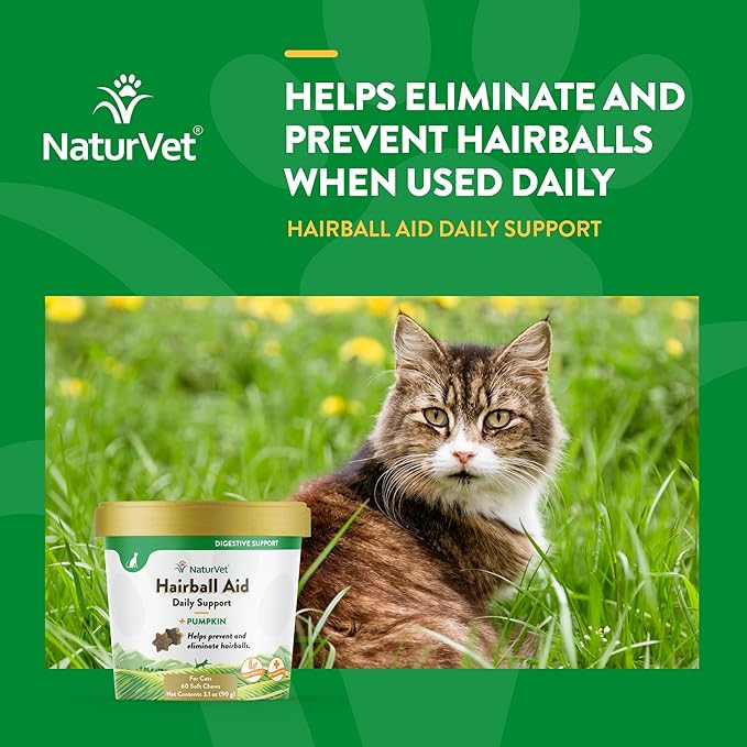 NaturVet – Hairball Aid Supplement for Cats - Plus Pumpkin – Helps Eliminate & Prevent Hairballs – 60 Soft Chews