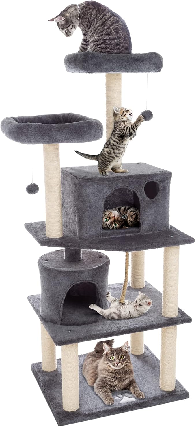 PETMAKER 5-Tier Ultimate Cat Condo Tower - 8 Scratching Posts, 2 Padded Perches, 2 Kitty Huts, and 3 Hanging Toys for Multiple Cats