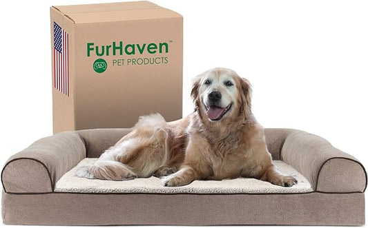 Furhaven Cooling Gel Dog Bed for Large Dogs w/ Removable Bolsters & Washable Cover, For Dogs Up to 95 lbs - Sherpa & Chenille Sofa - Cream, Jumbo/XL