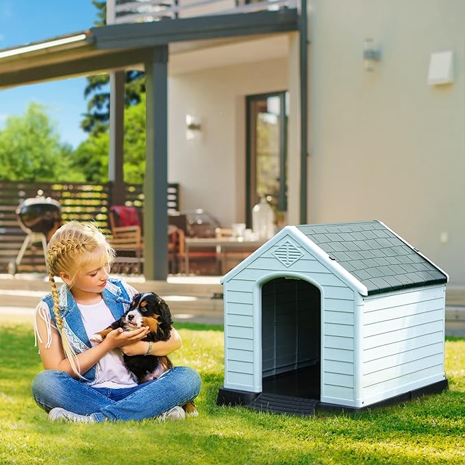 DWVO Large Outdoor Dog House, Plastic Doghouse with Air Vents and Ground Nails, Insulated Water Resistant Puppy Shelter for Small Medium Dogs (28.5''L x 26''W x 28''H, Gray)