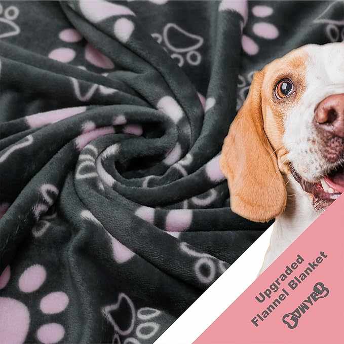 Dog Blanket, Grey Pink Flannel Fleece Blanket for Small Medium Dogs, Pet Puppy Blankets Gift for Kitten Cat, Cute Paw Print Blanket for Bed Cover, Couch, Crate, 41x31 inch