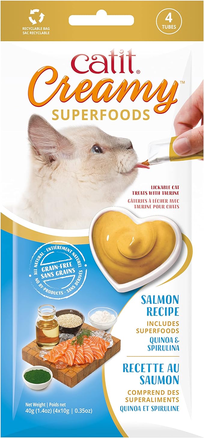 Catit Creamy Superfood Lickable Cat Treat – Hydrating and Healthy Treat for Cats of All Ages - Salmon with Quinoa & Spirulina, 4-Pack