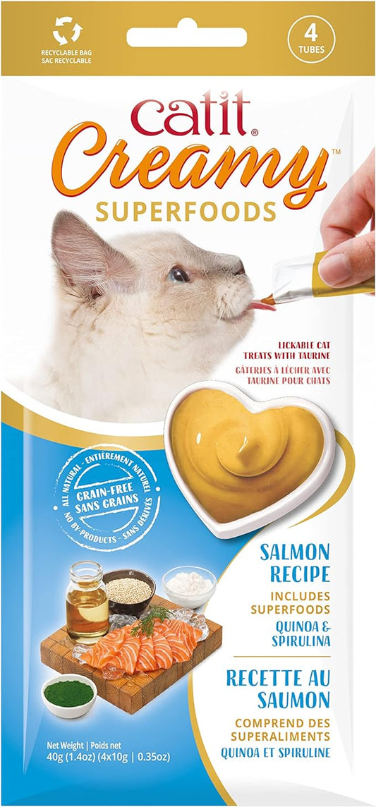 Catit Creamy Superfood Lickable Cat Treat – Hydrating and Healthy Treat for Cats of All Ages - Salmon with Quinoa & Spirulina, 4-Pack