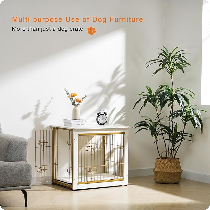 DWANTON Dog Crate Furniture with Cushion, Wooden Dog Crate with Double Doors, Dog Furniture, Dog Kennel Indoor for Small/Medium/Large Dog，End Table, Small, 27.2" L, White