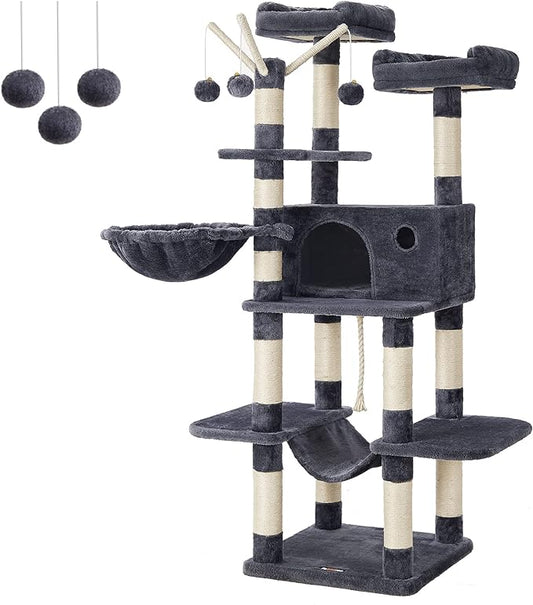 FEANDREA Cat Tree, Large Cat Tower, 64.6 Inches, Cat Activity Center with Hammock, Basket, Removable Fur Ball Sticks, Cat Condo, Smoky Gray UPCT087G01