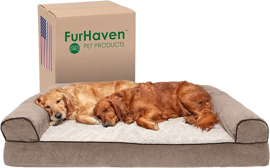 Furhaven Orthopedic Dog Bed for Large Dogs w/ Removable Bolsters & Washable Cover, For Dogs Up to 125 lbs - Sherpa & Chenille Sofa - Cream, Jumbo Plus/XXL