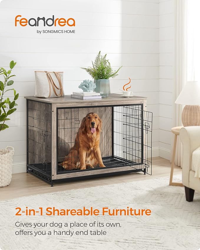 Feandrea Dog Crate Furniture, Side End Table, Modern Kennel for Dogs Indoor up to 80 lb, Heavy-Duty Dog Cage with Multi-Purpose Removable Tray, Double-Door Dog House, Greige UPFC004G01