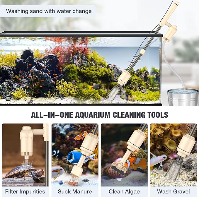 AKKEE Electric Fish Tank Vacuum Gravel Cleaner: 6 in 1 Gravel Vacuum Cleaner for Aquarium for Automatic Change Water, Remove Dirt Wash Sand Water Shower and Water Circulation, Beige, 18W