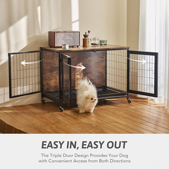 CO-Z 37 Inch Furniture Dog Crate with Wheels, 110 lb Pet Puppy Dogs Indoor Furniture Style Wooden Kennel, Heavy Duty Pet Cage House for Small Medium Large Dogs, Triple-Door Side End Table Dog House