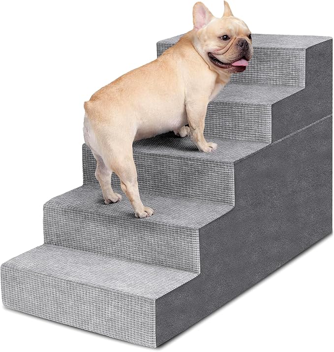 Heeyoo Dog Stairs for Small Dogs,5-Step Dog Steps for High Bed and Couch, High-Density Foam Pet Steps with Supporting Board, Non-Slip Removable Washable Cover, Grey, 23" High