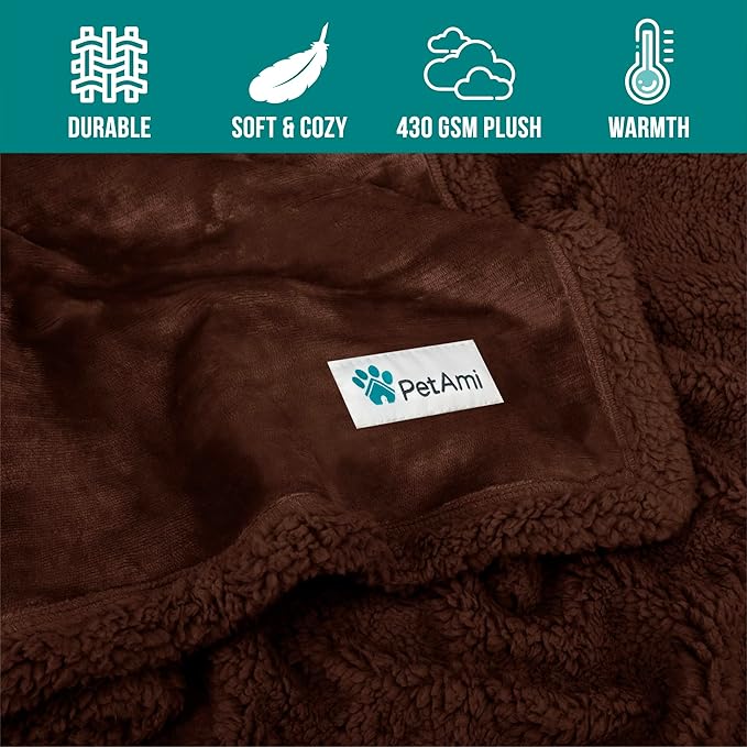 PetAmi WATERPROOF Dog Blanket For Bed, XL Dog Pet Blanket Couch Cover Protection, Sherpa Fleece Leakproof Bed Blanket for Crate Kennel Sofa Furniture Protector, Reversible Soft Plush 80x60 Brown Brown